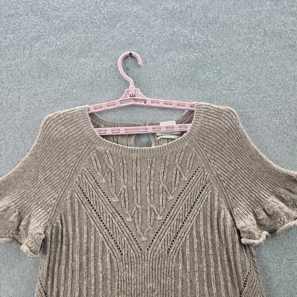 Anthropologie Women Sweater M Taupe‎ Wool Blend Pointelle Geometric Ruffle